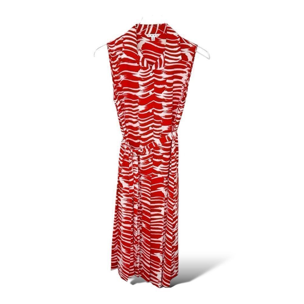 Cabi Red + White Brushstroke Sleeveless Drop-Waist Pleated Midi Dress Medium